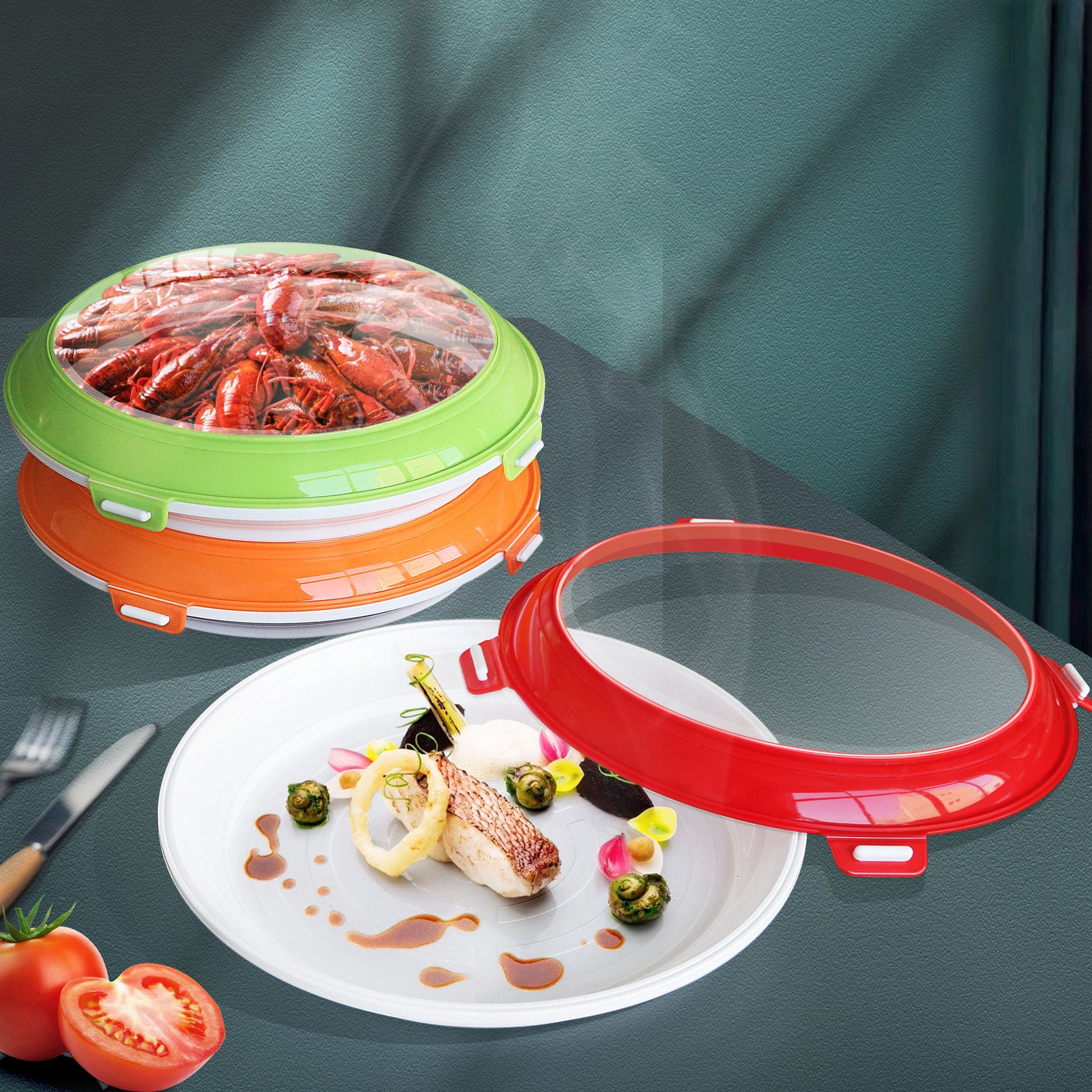 Sheila Merchandise food vacuum preservation tray with colorful lids covering plates of seafood and gourmet meal