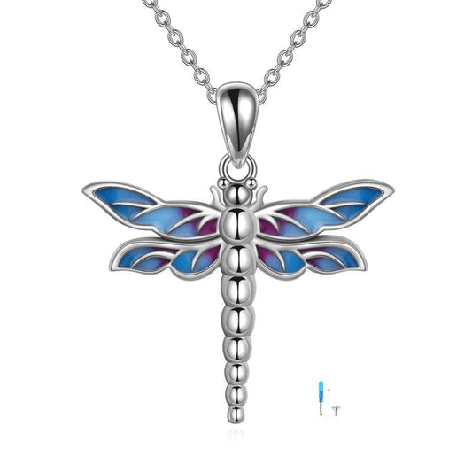 Sterling silver dragonfly urn necklace with blue and purple stained glass wings for ashes