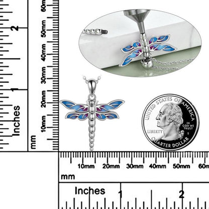 Sterling silver dragonfly urn necklace with blue and purple enamel wings shown with size rulers and a quarter for scale