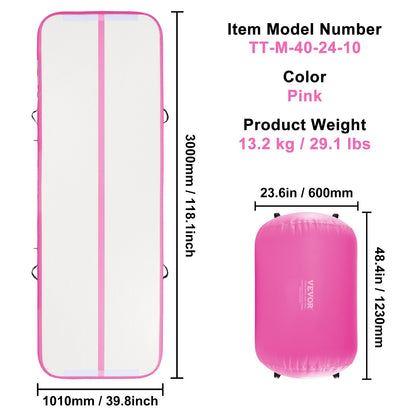 Pink inflatable gymnastics air mat set by Sheila Merchandise with detailed dimensions and weight