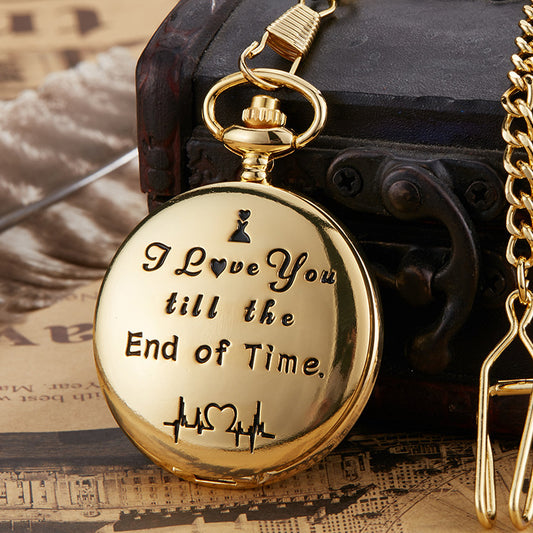 Engraving vintage quartz pocket watch with gold finish and love message I love you till the end of time