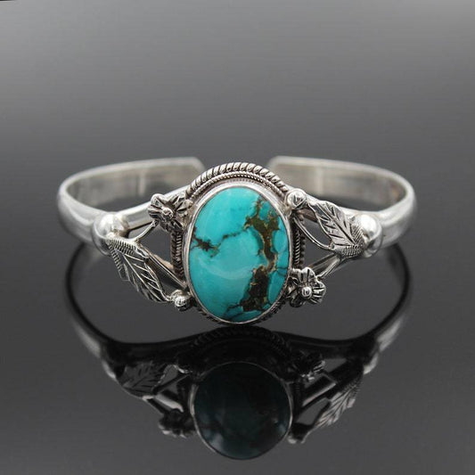 Sheila Merchandise women's vintage turquoise bracelet for women with engraved silver band and oval turquoise stone