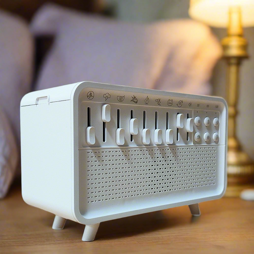 White noise sleep lamp by Sheila Merchandise with adjustable sliders and buttons on a wooden surface