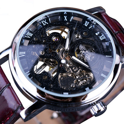 Sheila Merchandise luxury skeleton watch men's mechanical timepiece with exposed gears and brown leather strap