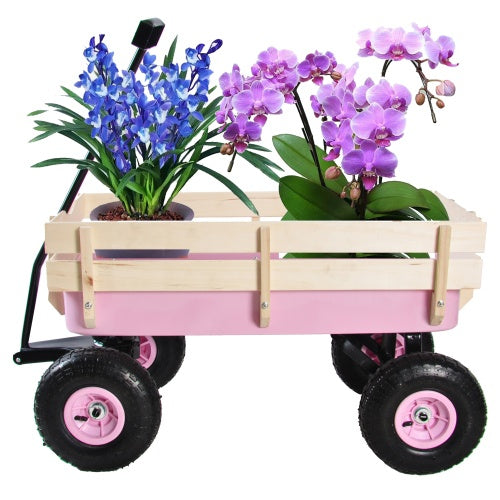Sheila Merchandise wood railing wagon for hauling with potted orchids and blue flowers