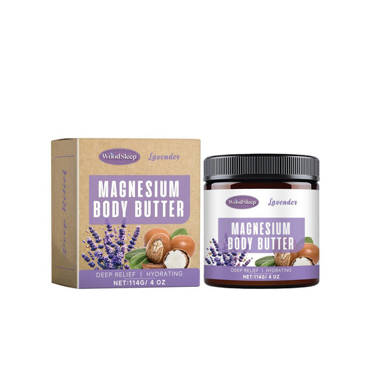 Sheila Merchandise lavender magnesium body butter for stress relief in a 4 oz jar with packaging
