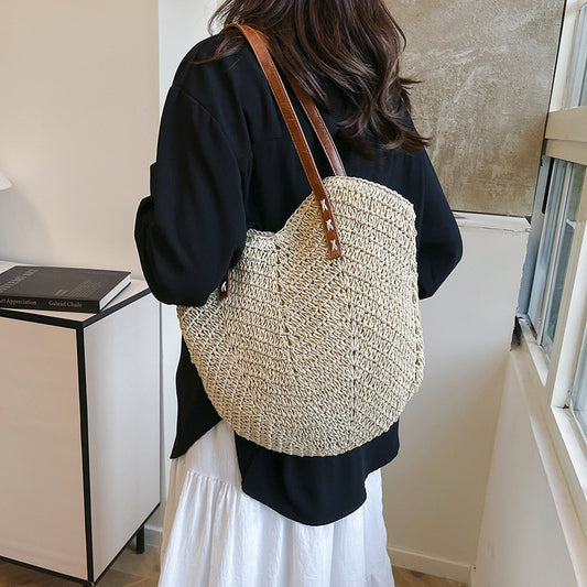 Sheila Merchandise women's woven tote summer fashion shoulder bag with brown straps