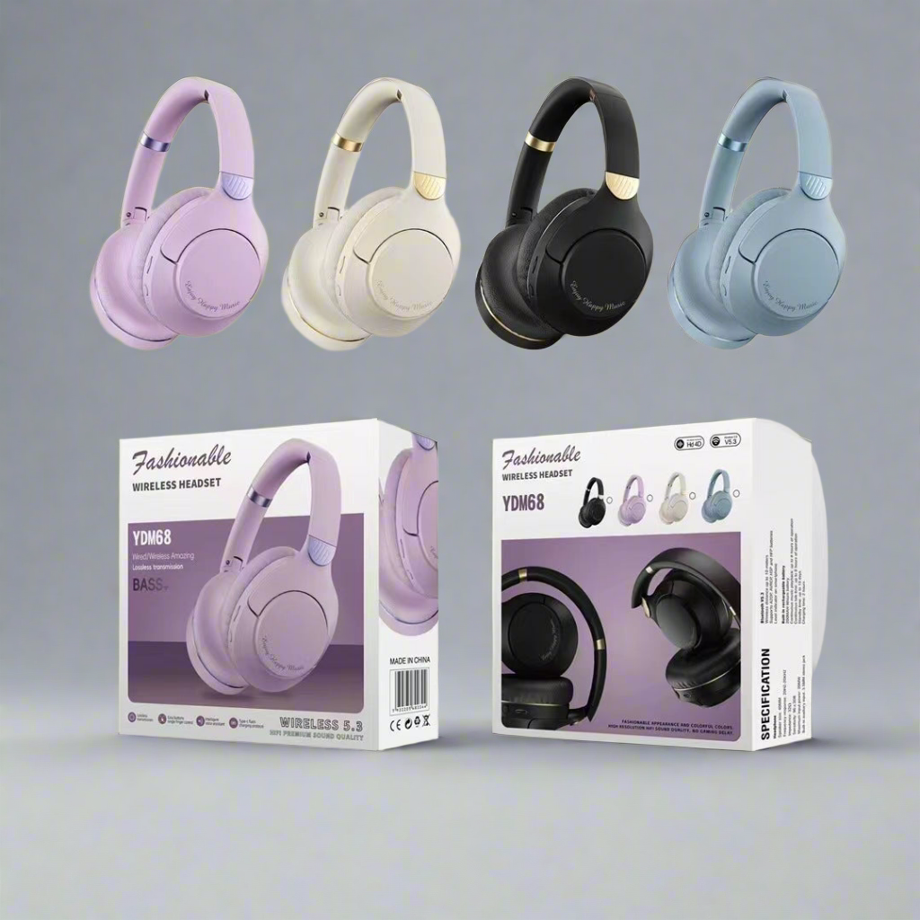 Sheila Merchandise wireless sports headphones in pink, white, black, and blue with packaging boxes
