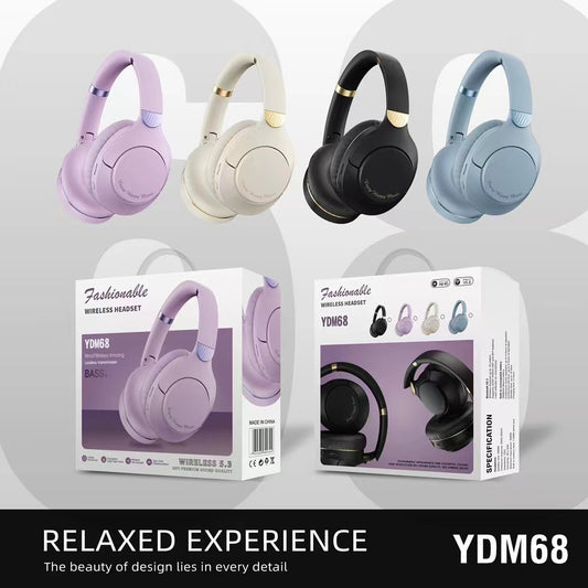 Sheila Merchandise wireless sports headphones in purple, cream, black, and blue with packaging boxes